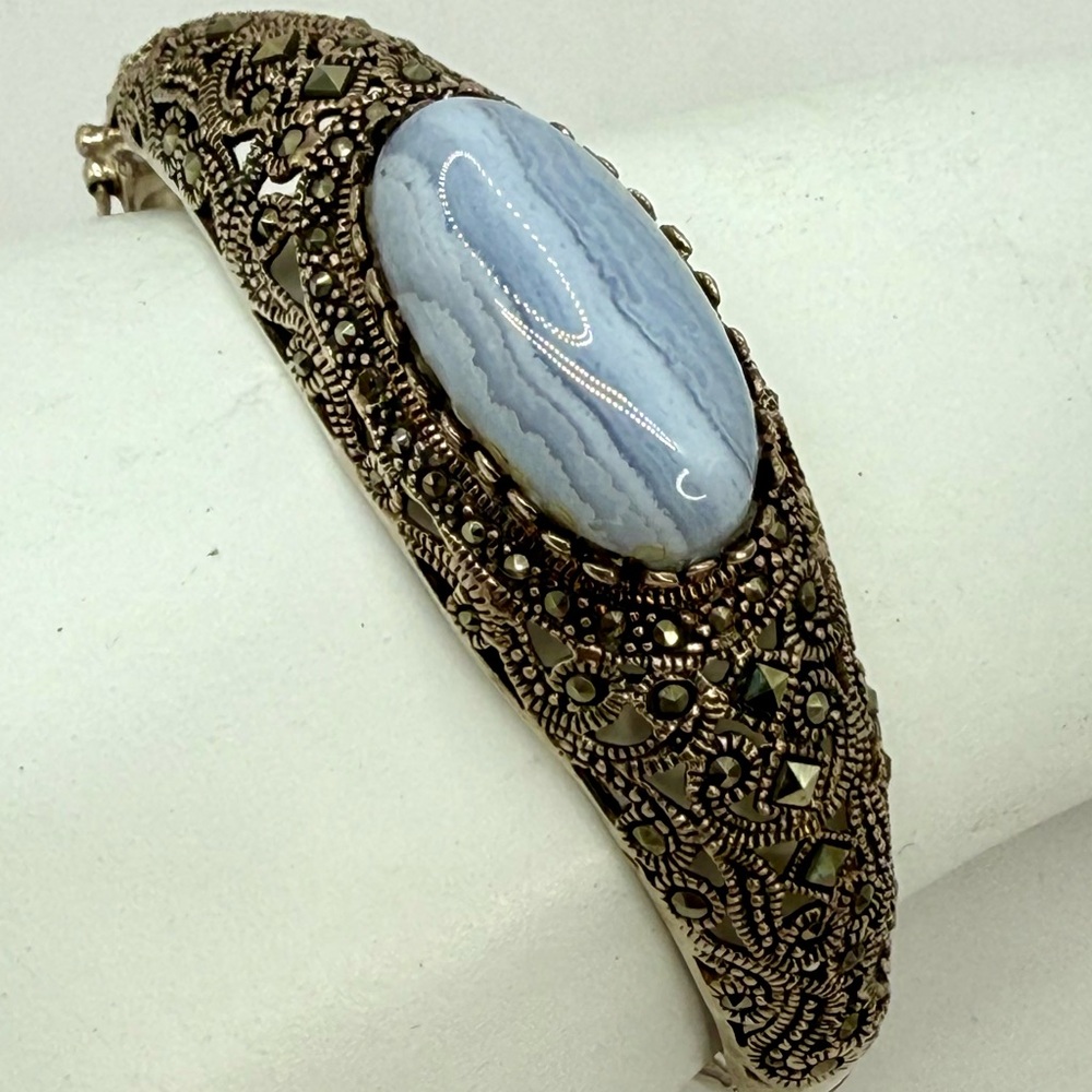 Vintage Sterling Silver Marcasite & Blue Lace Agate Hinged Bangle Bracelet 6.5-7 - Picture 13 of 17